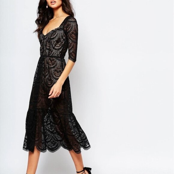For Love & Lemons Black Lace Rosalita Midi Dress Size S Whimsigoth Scalloped - Picture 1 of 16
